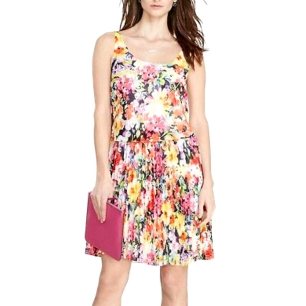 LAUREN RALPH LAUREN Colorful Floral Dress Sz 8 Petite Pleated Georgette Short